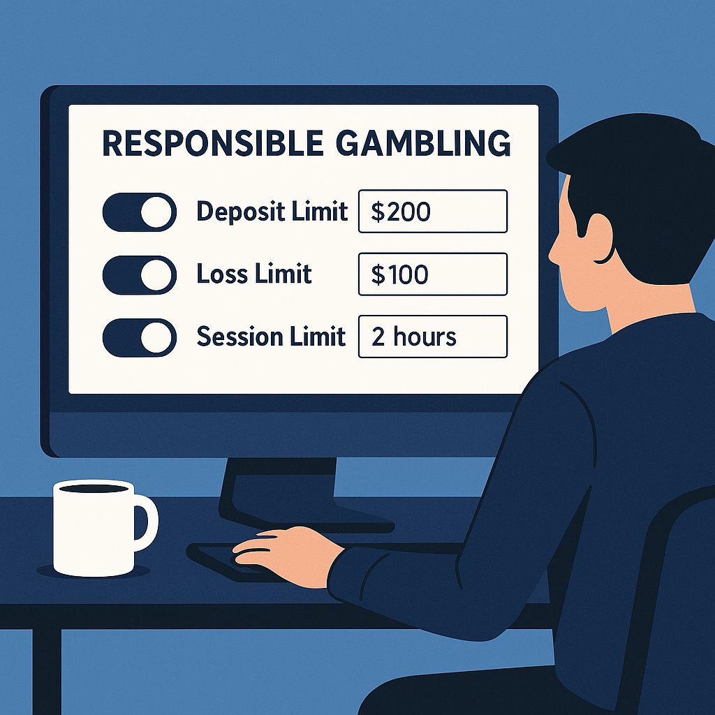 Person setting deposit, loss, and session limits on an online casino responsible gambling dashboard in 2025