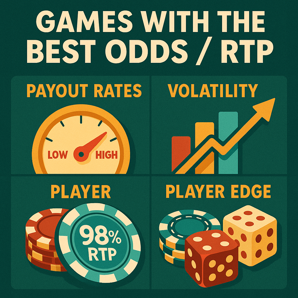 Infographic showing payout rates, volatility, player edge, and 98% RTP for top online casino games in 2025